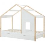 Lit cabane 90 x 190 cm avec tiroir - Pin et MDF - Coloris : Blanc et naturel - RINELYA