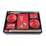 Lachineuse - Service de Table Japonais Rouge Fleurs de Cerisier - Vaisselle Japonaise Traditionnelle - Bols à Riz, Assiettes, Baguettes, Sauciers & Nattes Bambou pour 2 Personnes - Cadeau Japon Asie