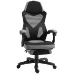 Homcom Fauteuil gaming chaise gamer dossier et hauteur réglable roulettes pivotantes repose-pied tissu maille gris noir