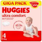 Huggies Ultra Comfort - Couches b&eacute;b&eacute; Taille 4 (7kg-18kg) - 3 paquets de 50 couches - ceinture ultra douce - absorbtion rapide - sans parfum - chlore et latex - emballage recyclable