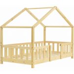 Décoshop26 Lit cabane pour enfant forme de maison avec barrière de sécurité en bois de pin couleur naturel 70 x 140 cm 03_0005462