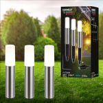 BRILONER - &eacute;clairage de jardin Connect to Shine 12V, lot de 3 bornes d'&eacute;clairage LED avec piquet de terre, kit d'extension, IP44, lumi&egrave;re blanc chaud, &eacute;clairage d'all&eacute;e, 36,5x4 cm, argent