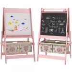 Tableau chevalet enfant - tableau blanc, tableau à craie, rouleau papier 3 en 1 - paniers rangement intégrés - MDF pin rose