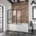 Schulte-ufer Pare-baignoire rabattable, sans percer, &eacute;cran &agrave; coller, profil&eacute; noir, verre 3 mm transparent, 3 volets, 127 x 120 cm