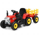 COSTWAY Tracteur avec Remorque Electrique pour Enfants 12 V avec Télécommande 2,4G avec LED, Musique, Audio USB et Bluetooth Rouge