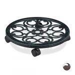 Relaxdays Support roulant plantes rond, lot de 2, en métal, plateau roulant pots à fleurs, aspect antique, vert