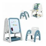 COSTWAY 2en1 Tableau Magn&eacute;tique Enfant Double Face avec Tabouret,Bureau Pliable,Etag&egrave;re de Livres Accessoires Hauteur R&eacute;glable HDPE