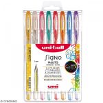 Uni Ball Pochette stylos roller gel Signo Pailletés - Ecriture large 1 mm - 8 coloris - 8 pcs