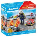 Playmobil Pompier Avec Pompe&agrave; Eau Et R&eacute;servoir Enflamm&eacute; - La Boite