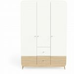 Declikdeco Armoire 3 portes + 4 tiroirs FIRMIANA blanc et pin naturel