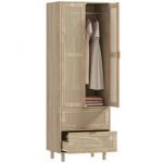 Homcom Armoire penderie - 2 portes en rotin, 2 tiroirs et barre de suspension - panneau de particules - 63x47x185cm - bois naturel