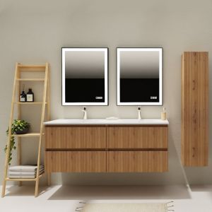 Meuble salle de bain 140 cm - Double vasque Solid surface - Effet bois strié - A suspendre - Karaib 2