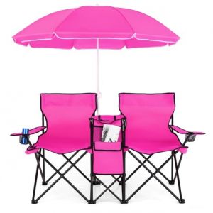 Chaise de camping Coast 2 places avec parasol et table - Chaise de pêche pliante 161x55x85 cm - Rose