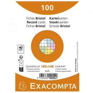 Exacompta Ref. 10254E - Paquet de 100 fiches bristol quadrillées 5x5 non perforées - sous film - compatibles avec imprimante jet d'encre, laser et photocopieur - format 105x148mm -couleurs assorties