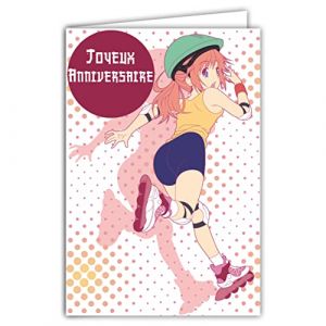 AFIE Carte Joyeux Anniversaire - Enveloppe - Personnage Manga Bande Dessinée Japonaise Super Héroïne Rollers Patins à roulettes Roses Sportive Jeune Fille Ados - Fabriquée en France 67-1239
