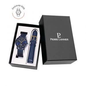 Pierre Lannier Coffret Mixte Robin Leon Essential Bleu Cadran Bleu Bracelet Cuir Bleu 20 Mm