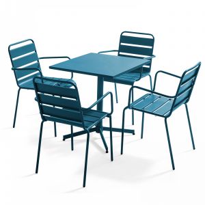 Oviala Table de jardin bistrot carrée rabattable et 4 fauteuils en métal - Bleu Pacific - Bleu