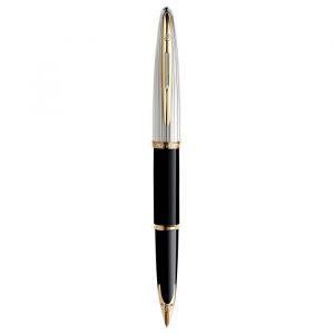 Image de Waterman Carene Deluxe stylo plume, noir brillant et plaqué argent, attributs dorés, plume fine 18K, Coffret cadeau