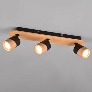 Trio Leuchten plafonnier aruni 801100332, métal noir mat, bois naturel, excl. 3 ports GU10