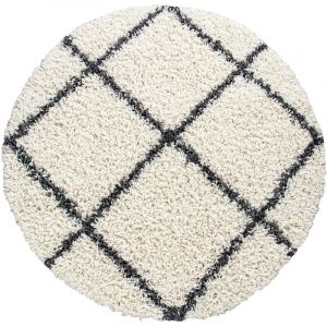 Paco Home - Tapis Shaggy Tapis Rond Salon Moderne Tapis Poils Longs Scandinave Motif Diamant 160 cm rond, Cr&egrave;me