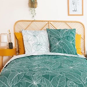 Coté Déco Parure de lit 2 Personnes avec Housse de Couette 220x240cm + 2 taies d'oreiller 63x63cm Motif Feuilles Tropicales 100% Coton adouci Vert