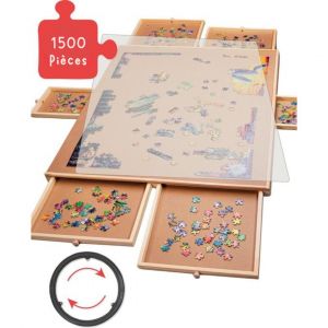 Plateau de puzzle rotatif avec syst&egrave;me de rangement - 6 tiroirs - 1500 pi&egrave;ces - Bois - Table de puzzle - Plateau de puzzle - Classeur de puzzle - Plaque de puzzle - Couvercle de protection inclus - Tapis de puzzle - Mallette - Plateaux de tri