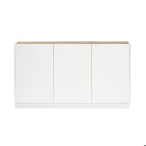 Miliboo Buffet design blanc laqué brillant et bois clair 3 portes L155 cm NELIO