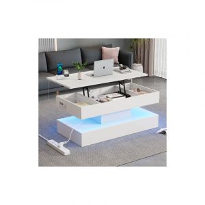 Okwish - Table basse relevable blanche, table de salon avec éclairage led et espace de rangement caché, 100x50x42 cm