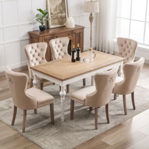 Chaise de salle &agrave; manger - TIMPFEE - Lot de 6 - Pieds en bois massif - Assise en velours - Beige