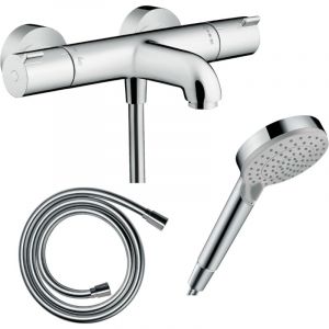 Hansgrohe Pack mitigeur bain thermostatique Ecostat 1001CL + Flexible Isiflex + Pommeau Vernis Blend 100 EcoSmart 2jets chromé