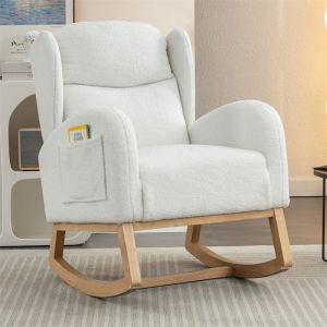 Fauteuil à bascule rembourrée en tissu Teddy moderne, siège rembourré à oreilles pour salon et chambre à coucher, blanc