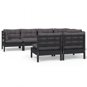 VidaXL Ensemble de fauteuils de jardin 7 pièces en bois noir et coussins gris foncé
