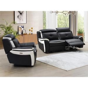 Canapé 3+1 places relax électrique en cuir ANGELIQUE Noir/blanc