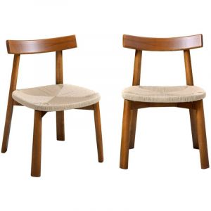 Lot de 2 chaises scandinaves en bois d'hévéa et assise en corde Effet Noyer / Beige