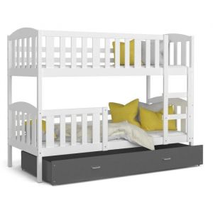 LIT SUPERPOSE TÉO 90x190 BLANC GRIS Livré avec tiroir, 2 sommiers et 2 matelas en mousse de 7cm OFFERTS