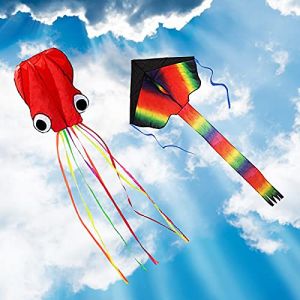 ZoomSky 2 Pcs Grand Cerf-Volant Enfant Monofil Rainbow de Grand Triangle et Poulpe Mollusque Rouge avec Cordon de 100 mètres pour Jeux extérieur activité Enfants