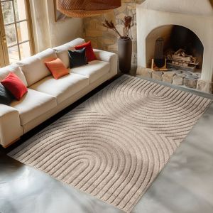 Carpetsale24 Tapis de Salon 160x230 cm Beige &agrave; Poils Longs Design Scandi Boho Effet Relief Shaggy Doux Moelleux Robuste Facile &agrave; Nettoyer Moderne pour Table Basse