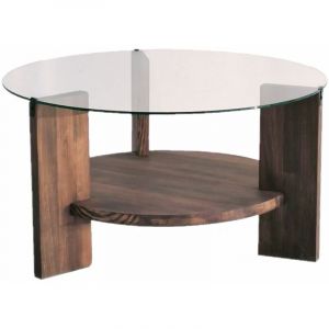 Table basse ronde en verre et panneaux de particules marron