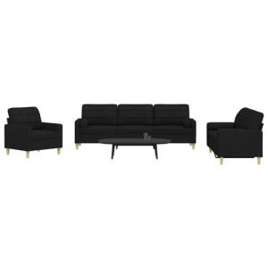 VidaXL Ensemble de canap&eacute;s 3 pcs avec coussins d&eacute;coratifs noir tissu, canap&eacute;, si&egrave;ge de canap&eacute;, canap&eacute; relax, canap&eacute; confort, fauteuil de t&eacute;l&eacute;vision
