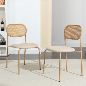 Fortuna Lai - Lot de 2 chaises de salle à manger, assise en velours, dossier rotin, chaise de chambre, salon, 48x46x80cm naturel