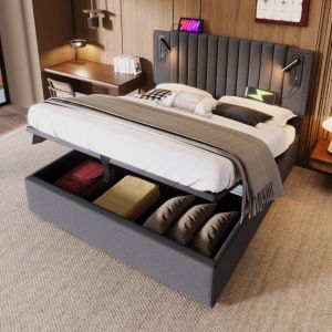 Wishdor - Lit coffre capitonné double 140 x 200 cm avec lampe de lecture avec fonction de chargement usb, coton, gris, sans matelas