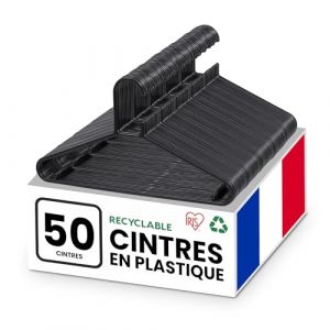 Iris Ohyama Cintre, Cintres Plastique, Fabriqué en France, 39 cm, Lot de 50 cintres, Cintre Gain de Place, CHM-39, Noir, Hangers, Cintre Pantalons, Chemises, Manteaux, Robes, Résistants