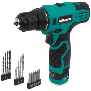 VONROC Perceuse &agrave; batterie 12V - Comprend une batterie, un c&acirc;ble USB et un jeu de forets et d'embouts de 16 pi&egrave;ces.