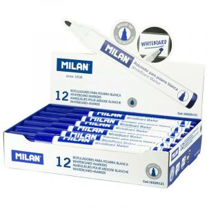 Milan 16529121 Boîte de 12 feutres pour tableau blanc Effaçables à sec Encre à l'alcool Pointe ronde Bleu