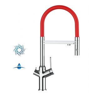 Image de Robinet De Cuisine 4 Voies Mitigeur Chromé Bec Rouge Orientable Et Douchette 2 Jets Détachable - À Utiliser Avec Les Filtres À Eau Et Gazéification