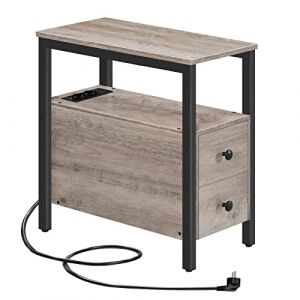HOOBRO Table d'Appoint avec Station de Charge, Table de Chevet avec 2 Tiroirs, Ports USB et Prises de Courant, Bout de Canapé pour Petits Espaces, Salon, Chambre, Grège et Noir EBG542BZ01