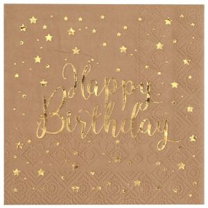 Ruedelafete Sachet de 20Petites serviettes Happy Birthday métal, Kraft/Or