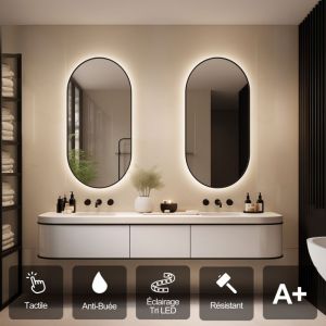 Miroir de Salle de Bains Lumineux Éclairage Intégré Tri Led Rétro éclairé L45H90cm, Fonctions On/Off et Anti-Buée, Contour Noir Mat EMMA XPERTIALS