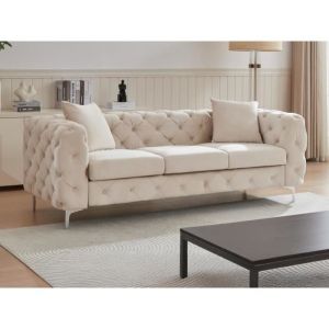 Vente-unique - Canap&eacute; 3 places chesterfield en velours beige edwina