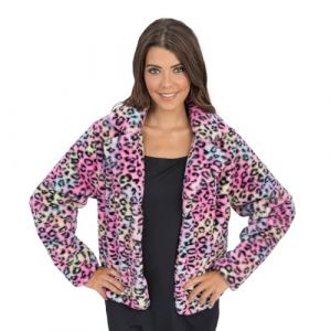 Chaks Veste l&eacute;opard pour femmes, veste en fausse fourrure color&eacute;e avec motif l&eacute;opard en peluche, accessoire de costume pour carnaval et f&ecirc;te